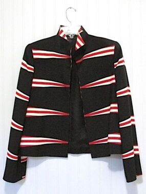 Ellen Tracy Black Red Open Front Tuxedo Collar Silk Wool Blend Jacket, Size 4